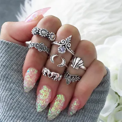 32 Styles Bohemian Retro Crystal Flower Elephant Hollow Lotus Gem Ring Set Women Wedding Anniversary Gift