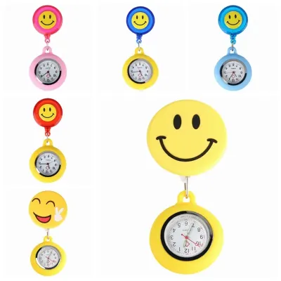 Fashion Yellow Cute Smiling Clip on Fob Brooch Pendant Hanging Quartz Pocket Adjustable Watch For Medical Doctor Nurse Watches