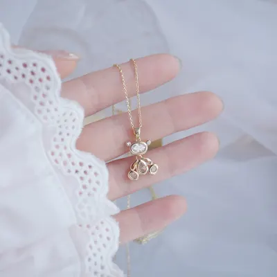 2020 New Design Exquisite Movable Bear Women Necklace 14k Real Gold Elegant Zircon Necklace Birthday Gift Jewelry Brincos