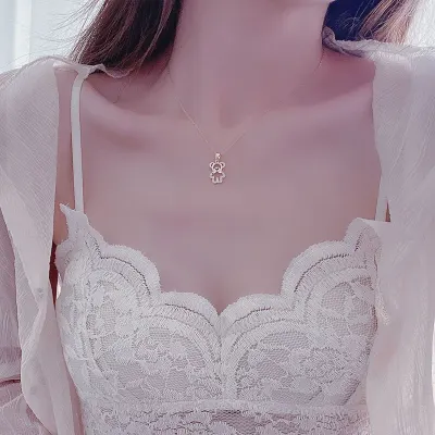 14k Real Gold Feminia Cute Bear Short Necklace for Women Ins Hot Sale Shine Zircon Choker Birthday Gift Wedding Jewelry Pendant