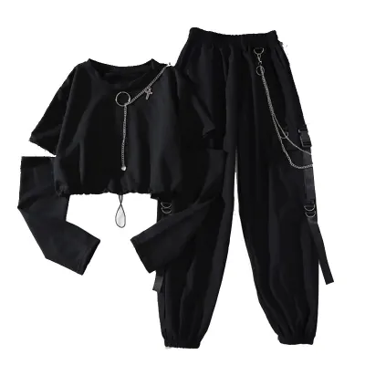 Spring Autumn Women Harajuku Cargo Pants Handsome Cool Two piece Suit Chain Long Sleeve Ribbon Pants