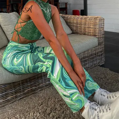 FSDA 2021 Tie Dye Print Pants Women Y2K Green Wide Leg Summer Spring Casual Vintage High Waist Zipper Fashion Trousers 90S