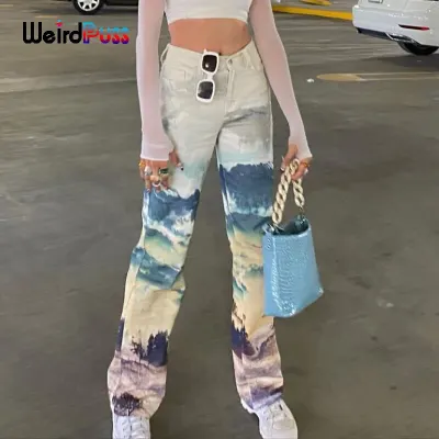 Weird Puss Y2K Cyber Cotton High Waist Pants Landscape Print Women Baggy Casual Straight Jogger Chic Streetwear Summer Trousers