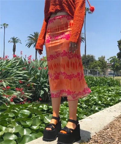 Fashion Summer Women Boho Beach Casual Style Skirts Female High Waist Floral Printing Orange Midi Skirt Party Holiday Clothing