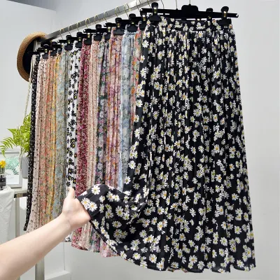 Summer Skirts Womens 2020 New Vintage Floral Print Chiffon Pleated Skirt Elastic High Waist Casual Midi Skirt Women Clothes Jupe