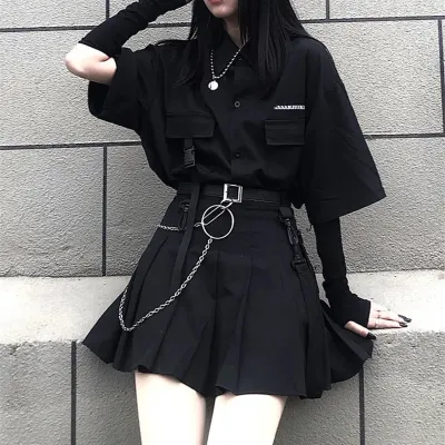 Single set summer Korean versatile dark loose BF shirt top women fashion two piece set skirt jupe dropshipping