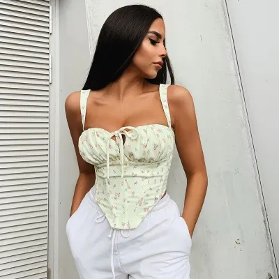 NewAsia Floral Corset Women Sweet Print Hollow Up Tie Up Sexy Crop Top Summer Sleeveless Ruched Boning Bustier Casual Tank Top
