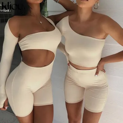 Kliou Solid Asymmetrical Two Piece Sets Women Tracksuit Crop Tops Elastic Bike Shorts Sporty Matching Suits Casual Female Outfit
