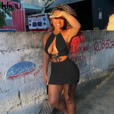 Kliou women halter bandage two piece outfits sleeveless backless crop tops stacked skirt matching set sexy solid skinny clubwear