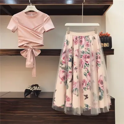 HIGH QUALITY Women Irregular T Shirt Mesh Skirts Suits Bowknot Solid Tops Vintage Floral Skirt Sets Elegant Woman Two Piece Set