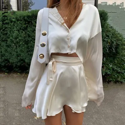 Fantoye Casual Satin Two Piece Dress Set For Women White O neck Button Top Bandage Mini Pencil Skirts Outfits Fashion Party Suit
