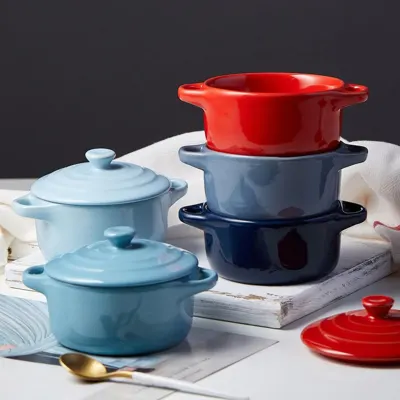 Ceramic Color glazed Double Ear Bowl with Lid Stew Breskfast Steamed Egg Pudding Bowl Baking bowl Kitchen Supply
