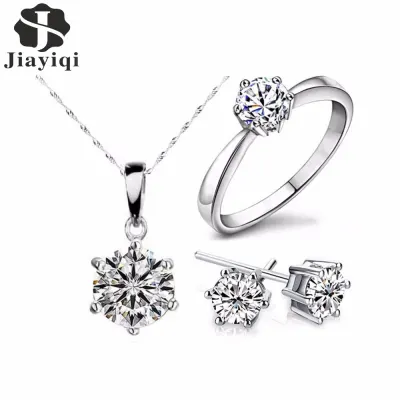 Hot Sale Silver Color Fashion Jewelry Sets Cubic Zircon Statement Necklace Earrings Rings Wedding Jewelry for Women Gift