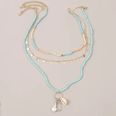 3 Pcs Set Beach Style Fashion Blue Glass Beaded Long Necklaces For Women Bohemian Shell Pearl Pin Pendant Gold Chain Necklace