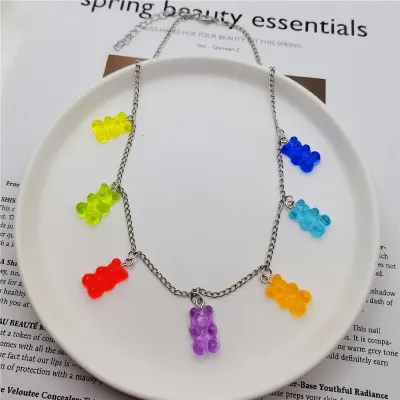 Stainless Steel Handmade Candy 7 Color Cute Judy Cartoon Bear Charm Necklace for Women Girl Daily Jewelry Party Gifts