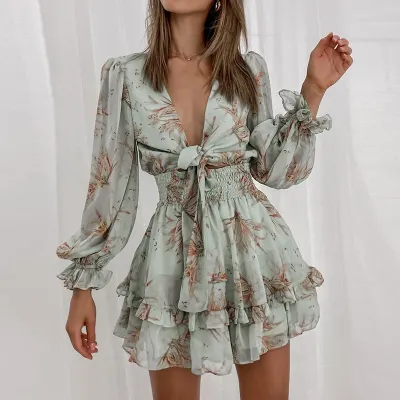 Women Spring V Neck Chiffon Print Dress Self-tie Knot Front Ruffles Leopard Dress Female Sexy Short A Line Party Vestidos 2021