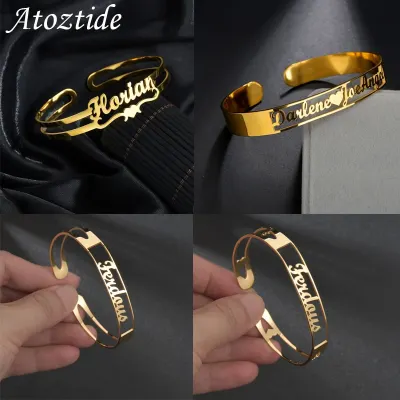 Atoztide Customized Letter Name Bracelet Personalized Custom Bangles Women Men Rose Gold Stainless Steel Chrismas Jewelry Gift