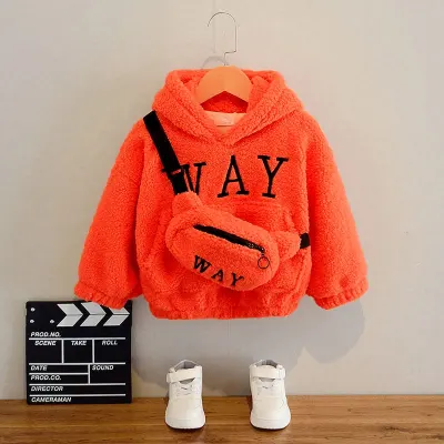 VFOCHI Boy Girl Sweatshirts with Bag Winter Wool Thick Children Hooded Long Sleeves Sweatshirt Unisex Warm Boy Girls Sweatshirts