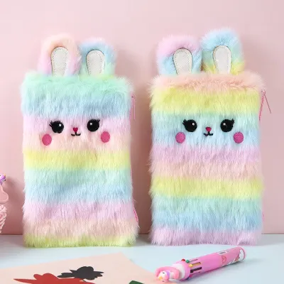 Kawaii Rabbit Sationary Pencil Case For Student Zipper Small Pen Bag Rainbow Girl Pen Case Gift Organizer