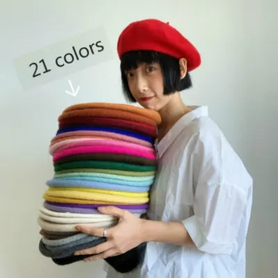 Girl Solid Color Beret French Artist Warm Wool Winter Beanie Hat Retro Vintage Plain Beret Solid Color Elegant Ladies Winter Hat