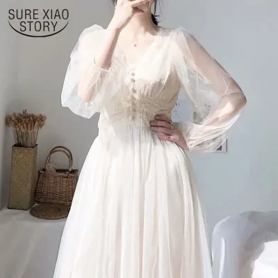 Dress Women 2021 Spring Plus Size Dresses Elegant A Line Vestidos Solid Puff Sleeve Empire V Neck Ladies Lace Dress Mesh 8126 50