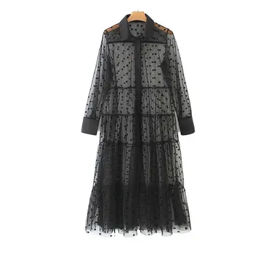 Hirigin women stylish polka dot patchwork transparent midi shirt dress long sleeve female chic sexy mesh dresses vestidos6