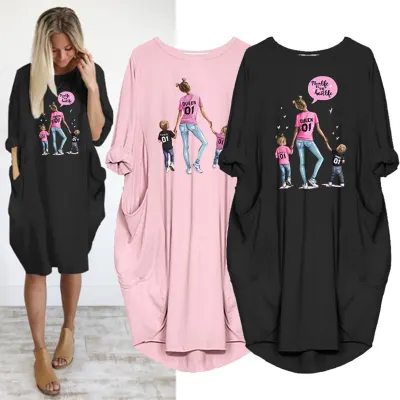 Women Midi Dress Long Sleeve Mama Child Print o Neck Pocket Casual Vintage Party Woman Dresses Vestidos Robes Mujer