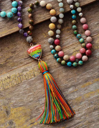 Gorgeous New Natural Stones Chakra Charm Triangle Pendant Tassel Necklace Women Elegant Rosary Necklace Jewelry Gifts Wholesale