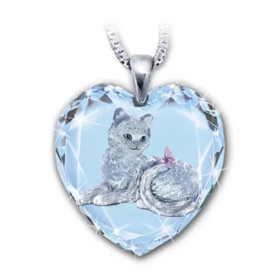 Heart Shaped Glass White Crystal Cat Pattern Pendant Necklace Women's Necklace Fashion Animal Butterfly Accessories Party Jewelr