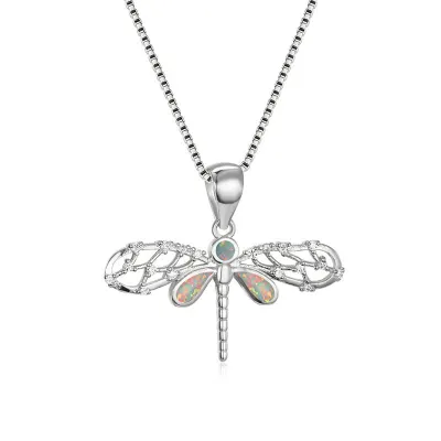 Cute Female Blue White Opal Pendant Necklace Gold Silver Color Necklaces For Women Vintage Animal Dragonfly Wedding Necklace