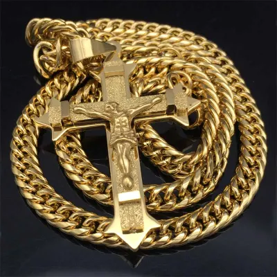 Gold tone Cross Christ Jesus Pendant Necklace Stainless Steel Link rolo Chain Heavy Men Jewelry Gift 21 65 7mm