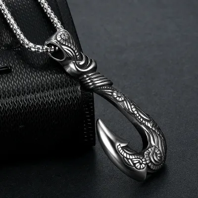 New Retro Fish Hook Shape Shape Pendant Necklace Celtic Viking Jewelry Men's Necklace Metal Sliding Pendant Accessory Party Gift