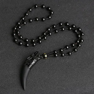 Natural Stone Black And Ice Obsidian Pendant Necklace Wolf Tooth Amulets And Talismans Couple Necklace For Women And Men
