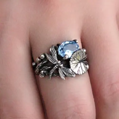 New Trendy Dragonfly Lotus Leaf Ring Women's Ring Bohemian Crystal Inlaid Ring Metal Silver Plated Ring Accessory Party Jewelry