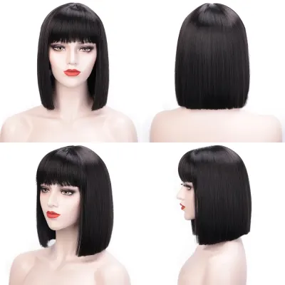 StampedGlorious Synthetic Wigs Short Bob Wigs Black/Pink Bangs Wigs for Women Heat Resistant Fiber Hair Cosplay Wig for Brizilan