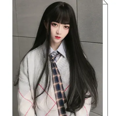 Allaosify Long Straight Synthetic Lolita Cosplay Wig with Bangs Anime Bangs Golden Pink Multiple Colour Hair Wigs for Women