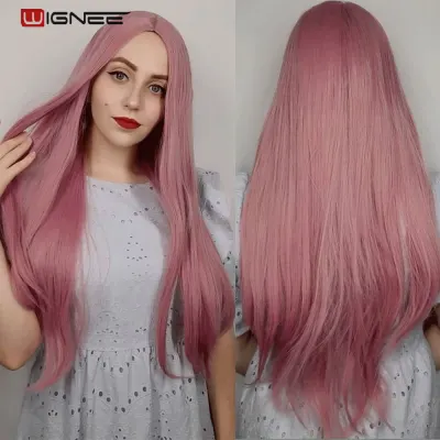 Wignee Pink Long Straight Hair Synthetic Wig For Women Cosplay Wig Pink Middle PartDaily/Party Heat Resistant Glueless Hair Wigs