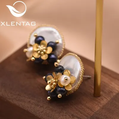 XlentAg Handmade Natural Baroque Flat Pearl Earrings For Women Wedding Party Flower Stud Earrings Luxury Fine Jewellery GE0650