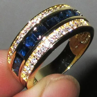 Fashion Female Blue zircon Stone Ring 18KT Yellow Gold Color Rings Gorgeous Wedding Bands For Women Engagement Jewelry Gifts