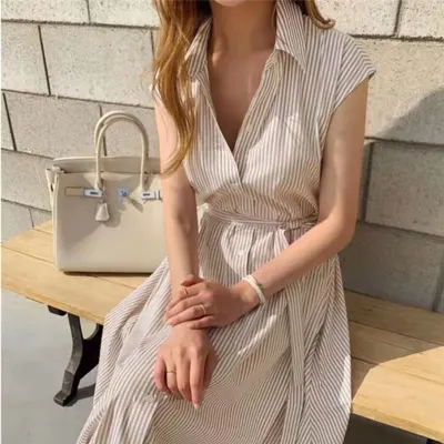 Colorfaith New 2021 Women Spring Summer Shirt Dress Multi Colors Casual Sleeveless Striped Oversize Lace Up Long Dress DR1970