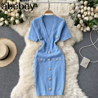Women Knitted Pencil Dress V Neck Short Sleeve Elastic Slim Sheath Dresses Summer Korean Chic Streetwear Short Dress
