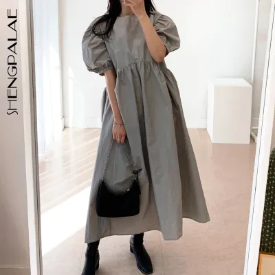 SHENGPALAE 2021 New Summer Women Vintage Loose High Waist Slim Was Thin Elegant Round Neck Pleated Design Maxi Dress ZA4173