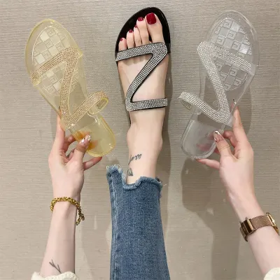 Women Crystal Transparent Jelly Slippers 2021 Summer Female Rhinstone Slides Ladies Fashion Casual Flats Plus Size Footwear