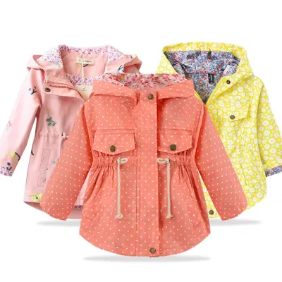Spring Autumn Girls Casual Jackets Hooded Outerwear Fashion Printing Flower Windbreaker Children Clothing 2 4 6 Years Girls Coat