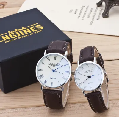2pcs Fashion Couple Watches Lover High Gloss Glass Leather Belt Watch Set Contains Box Women Quartz Watches Relogio Feminino