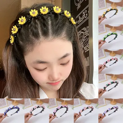 New Cute Cartoon Flower Double Bangs Braided Hairbands For Girls Sweet Hairstyle Hair Clips Headband Fashion Hair Accessories