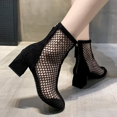 2020 New Air Mesh Net Bling Women Shoes Summer Ankle Boots Thin High Heels Sexy Sandal Chelsea Boots Female Dropship Pumps
