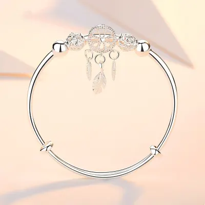Adjustable 925 Sterling Silver Dream catcher Tassel Feather Round Bead Charm Bracelet &Bangle For Women Elegant Jewelry sl209