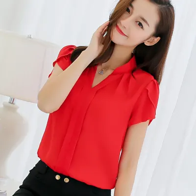 Women Short Sleeve Korean style Blouse Female Chiffon bow knot Casual Solid Colours Ladies Shirts Plus Size Women Clothing
