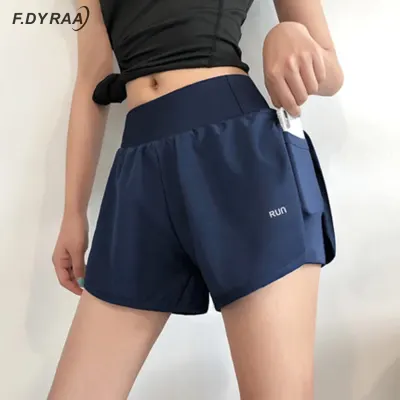 F.DYRAA Women 2 In 1 Running Shorts Elastic Waist Pocket Tight Yoga Short Woman Sports Shorts Pink Gym Fitness Shorts Sportswear